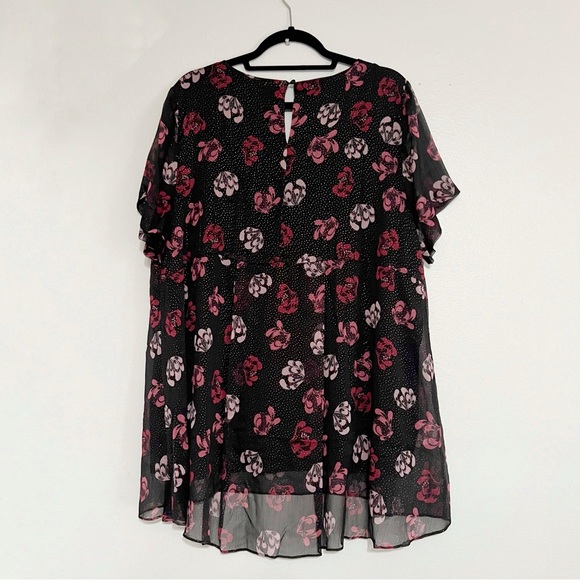 Vince Camuto Sheer Black Pink‎ Floral Tunic Blouse Sparkle Dots Short Sleeve - Picture 9 of 11